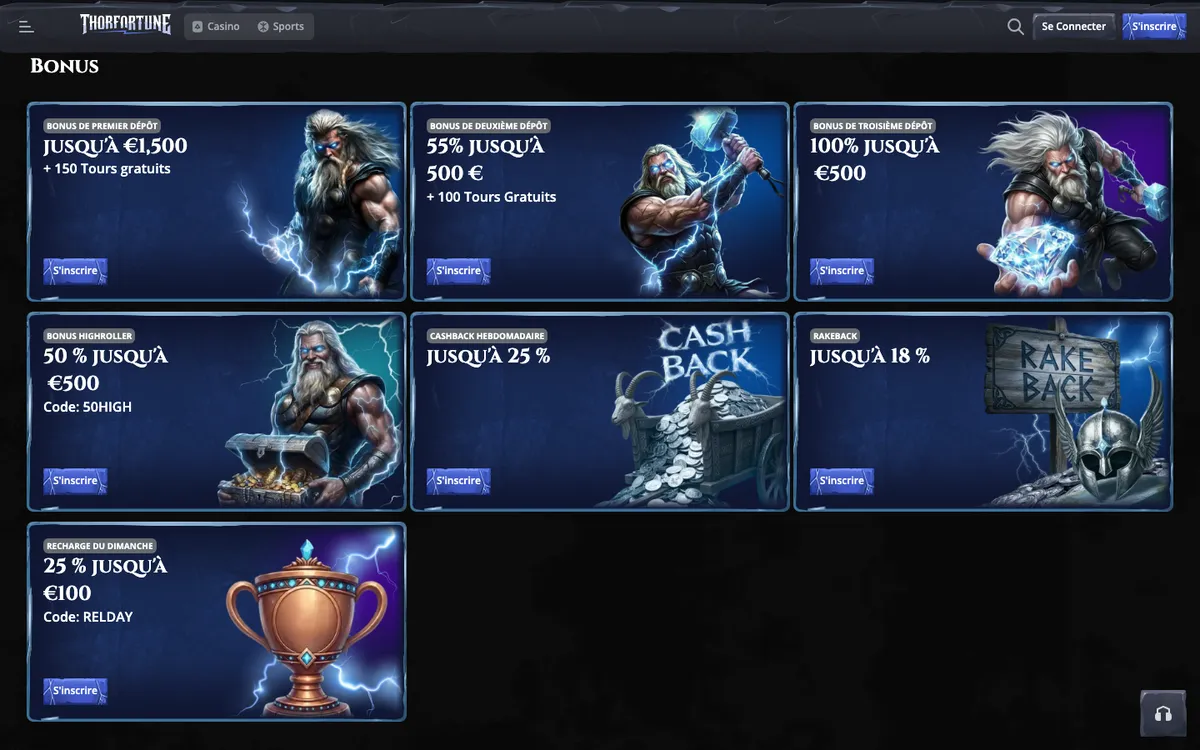 Aperçu de la page officielle des bonus